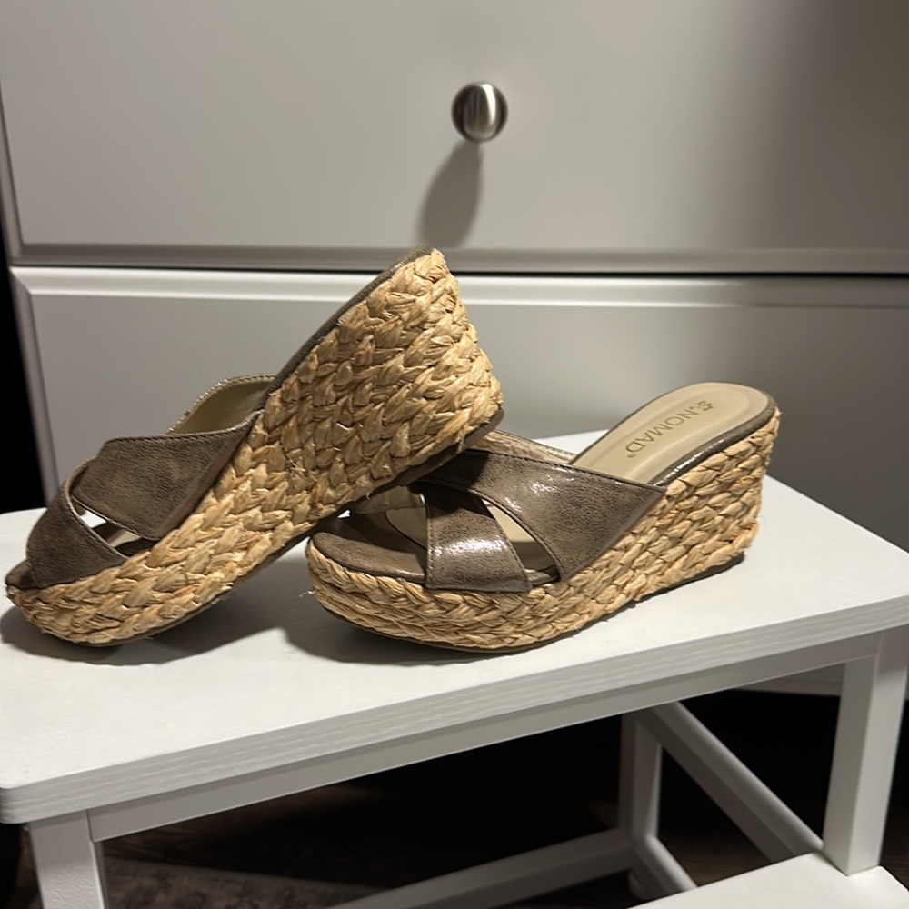 Taupe slide on wedges